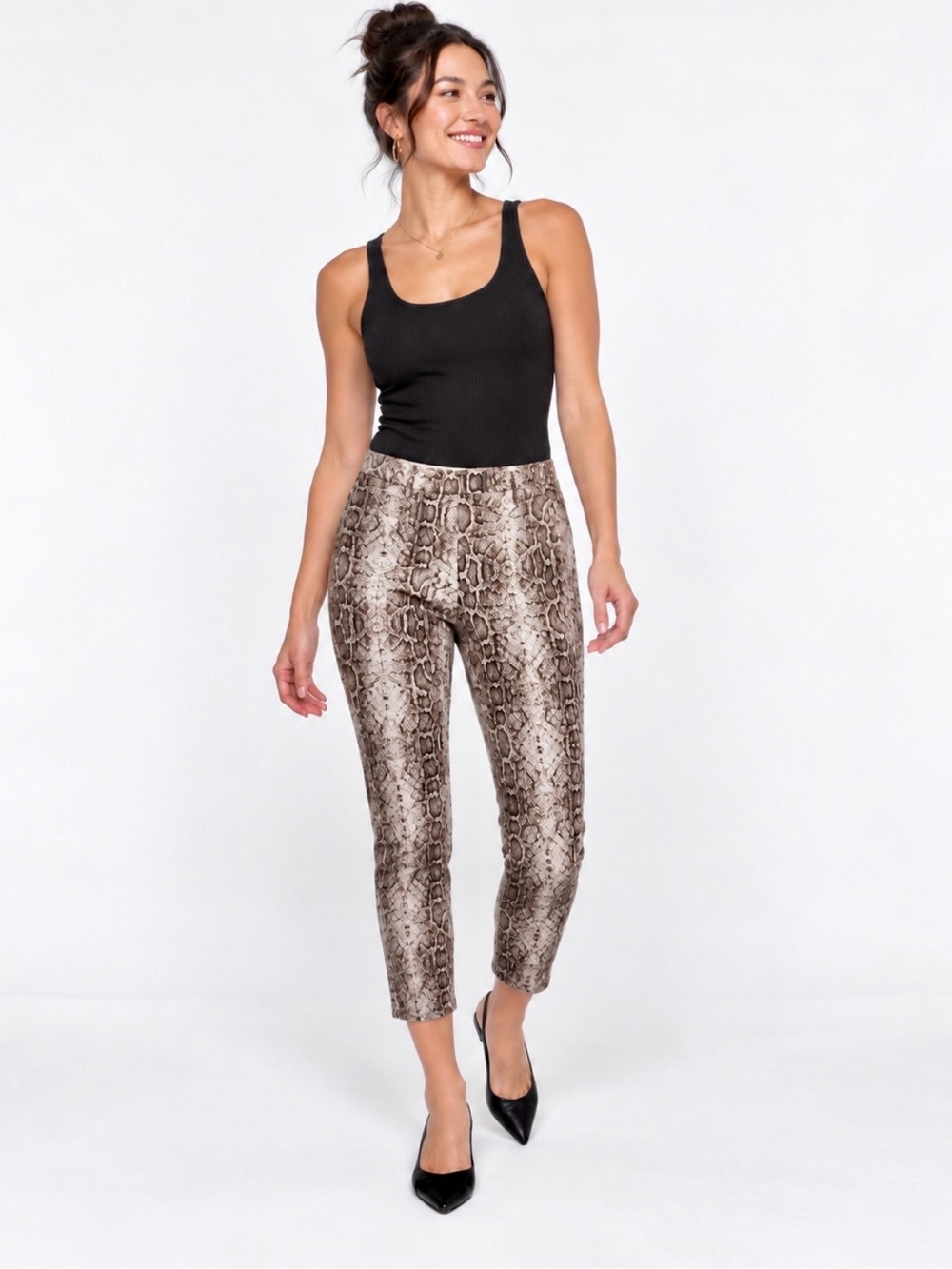 Chic Snakeskin Print Ankle Trousers Neutral Python Animal Print Pants Size 12